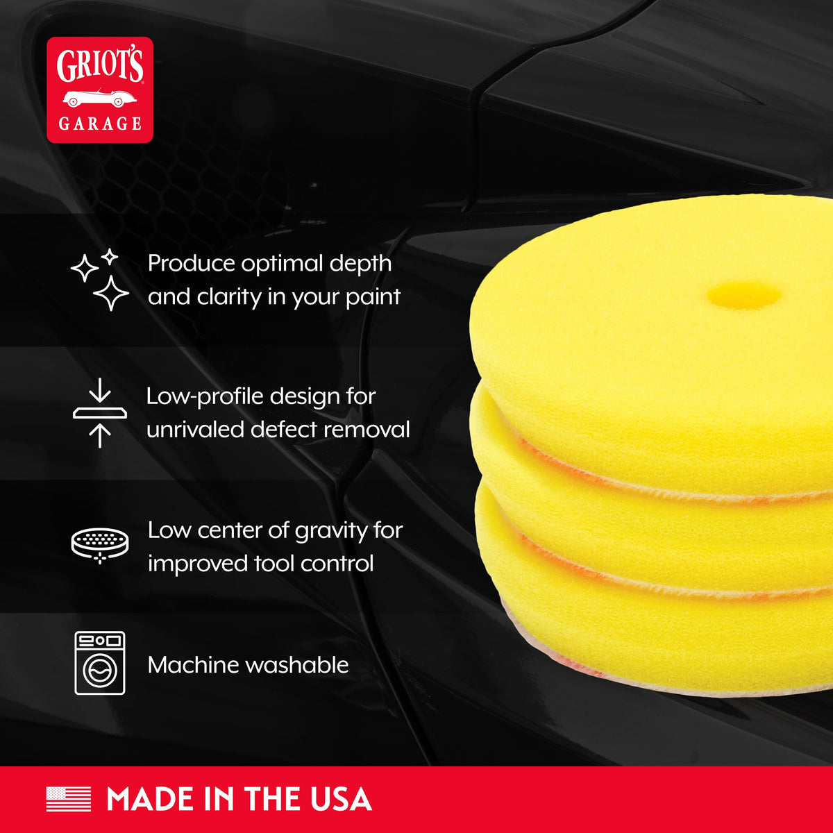 Griot's Garage pad mounted on orbital polisher demonstrating controlled polishing