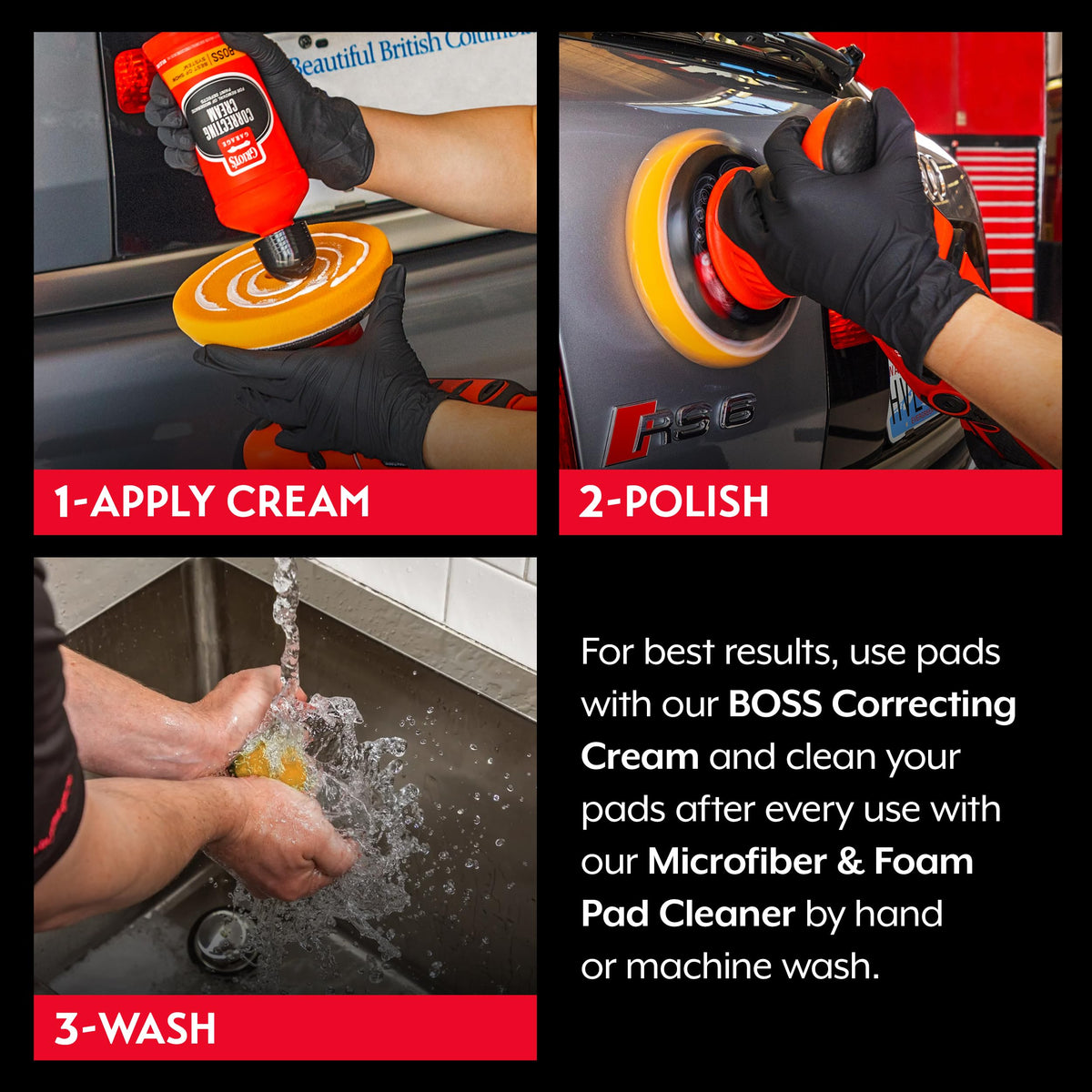 Griot's Garage pad in use on polisher demonstrating smooth defect removal