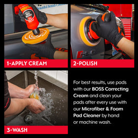 Griot's Garage pad in use on polisher demonstrating smooth defect removal