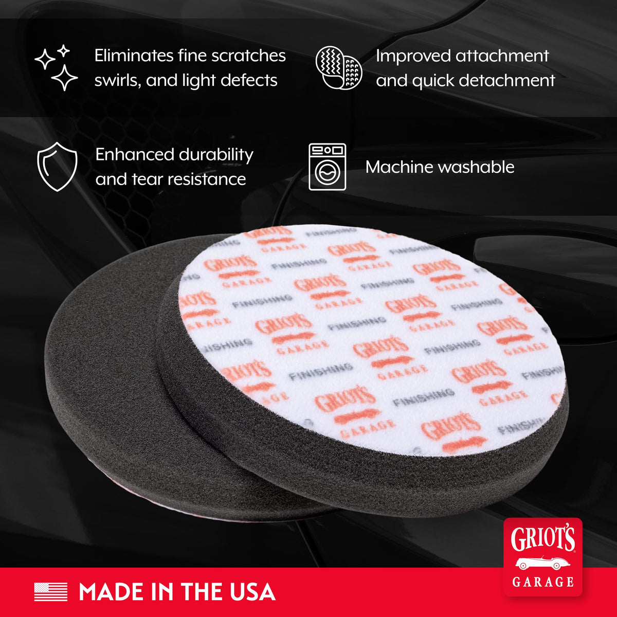 Griot's Garage pad attached to orbital polisher demonstrating secure fit and smooth polishing