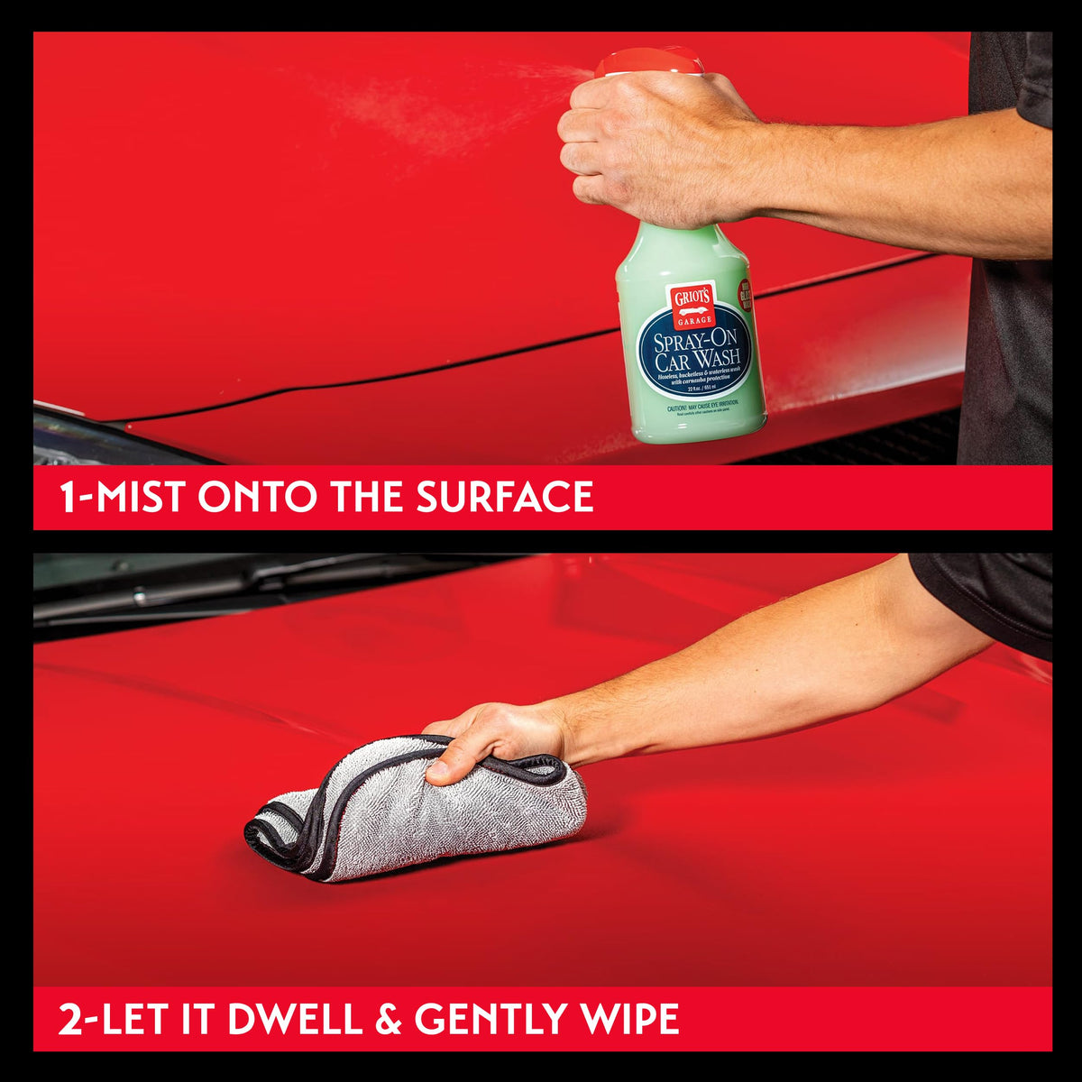 Griot's Garage before-and-after panel illustrating dirt removal and glossy finish
