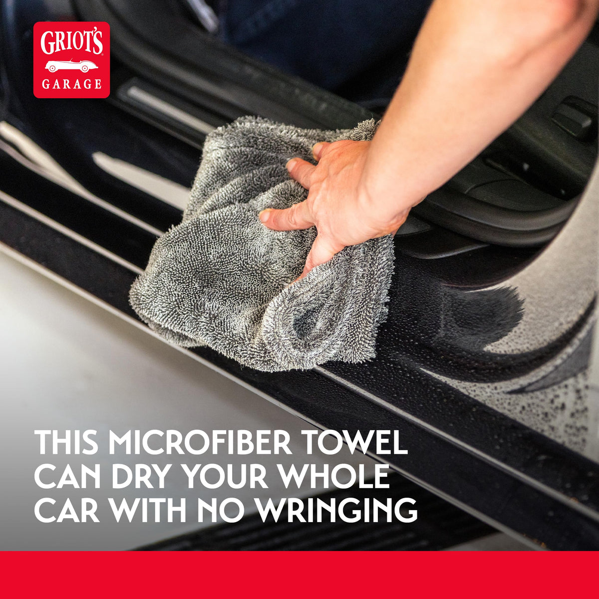Griot's Garage towel drying car door to speed drying and reduce streaks