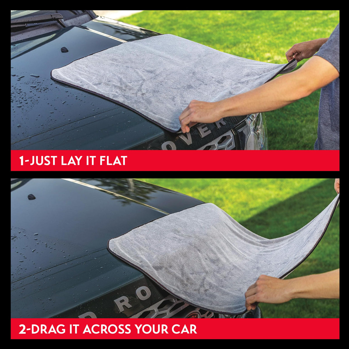 Griot's Garage towel in use on car roof for streak-free drying