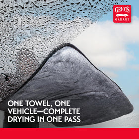 Griot's Garage towel beside a hand illustrating 25x35 size advantage