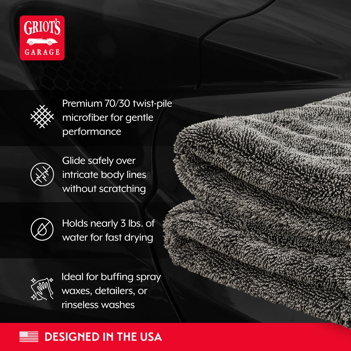 Griot's Garage towel in hand demonstrates 16x16 scale and easy maneuverability