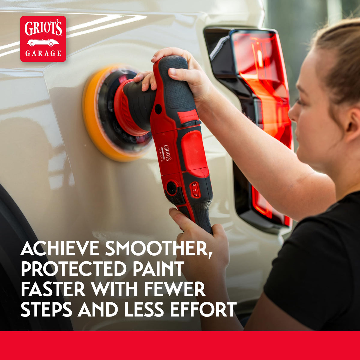 Griot's Garage polisher in use on car door illustrating faster defect removal