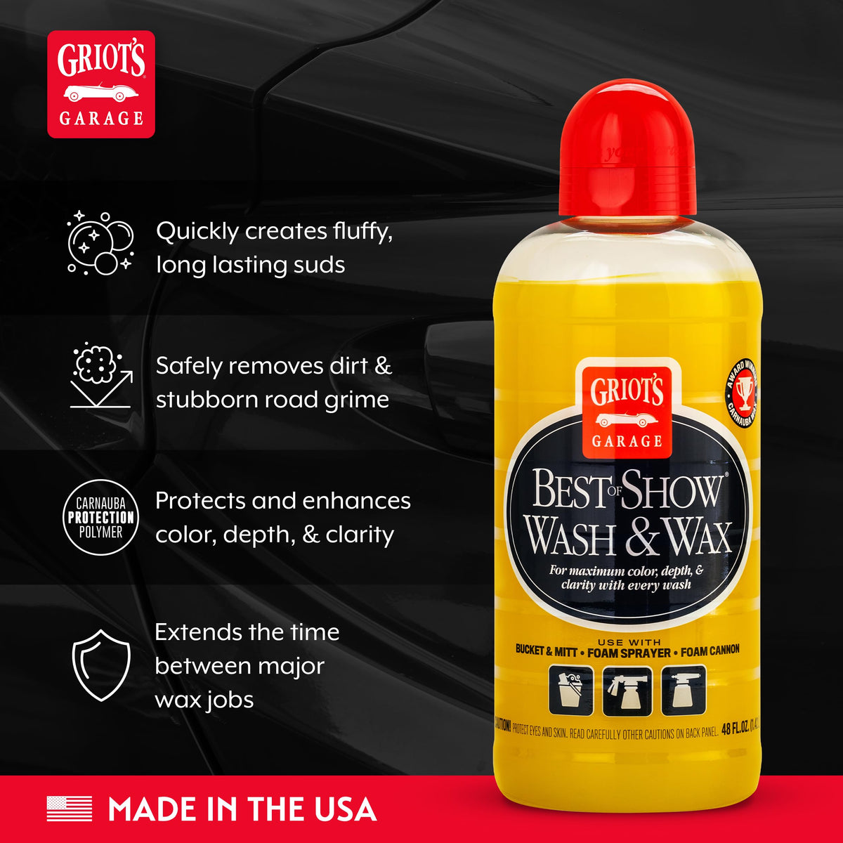 Griot's Garage rich foam clinging to car for safer wash lubricity