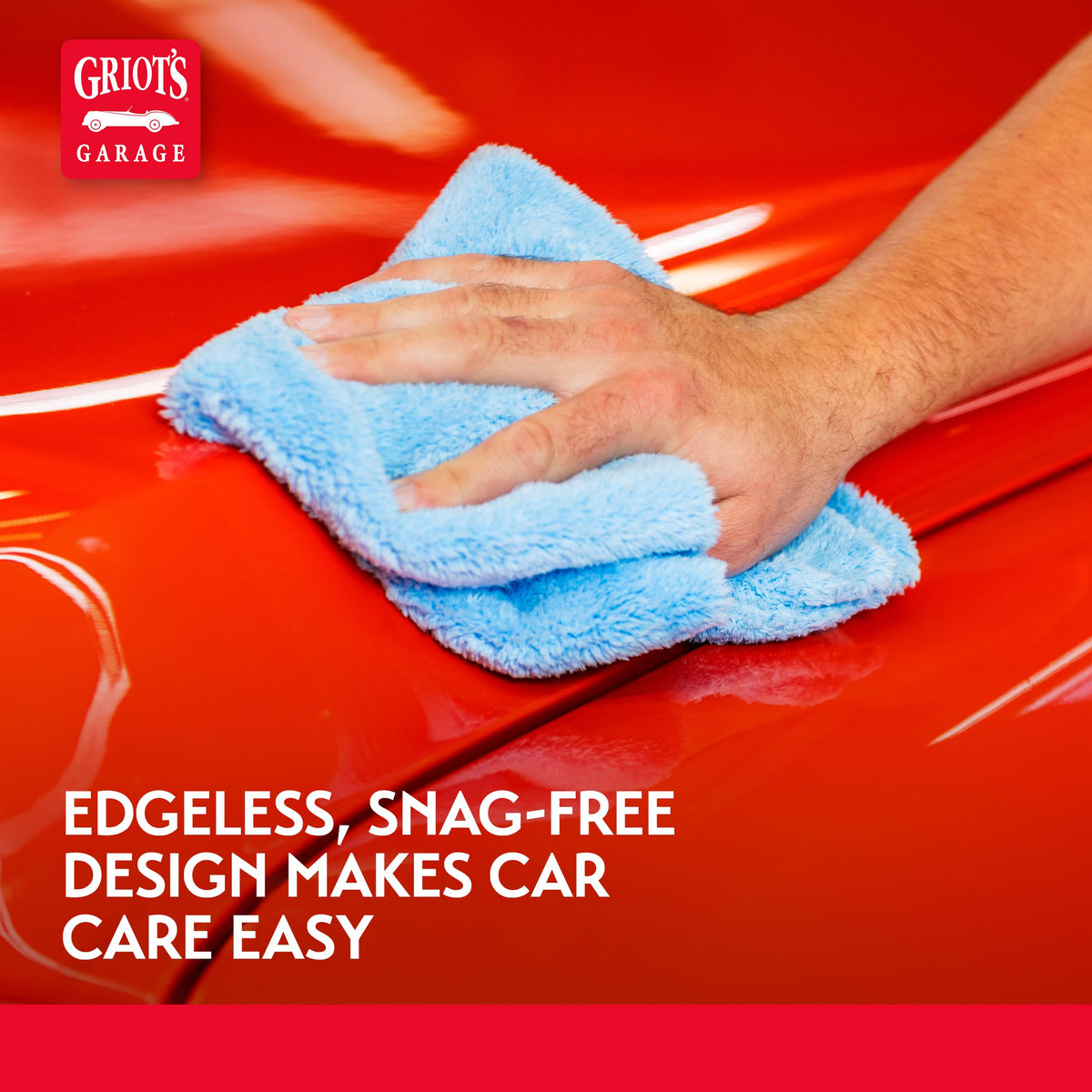 Griot's Garage towel beside ruler showing 16x16-inch size for full panel coverage