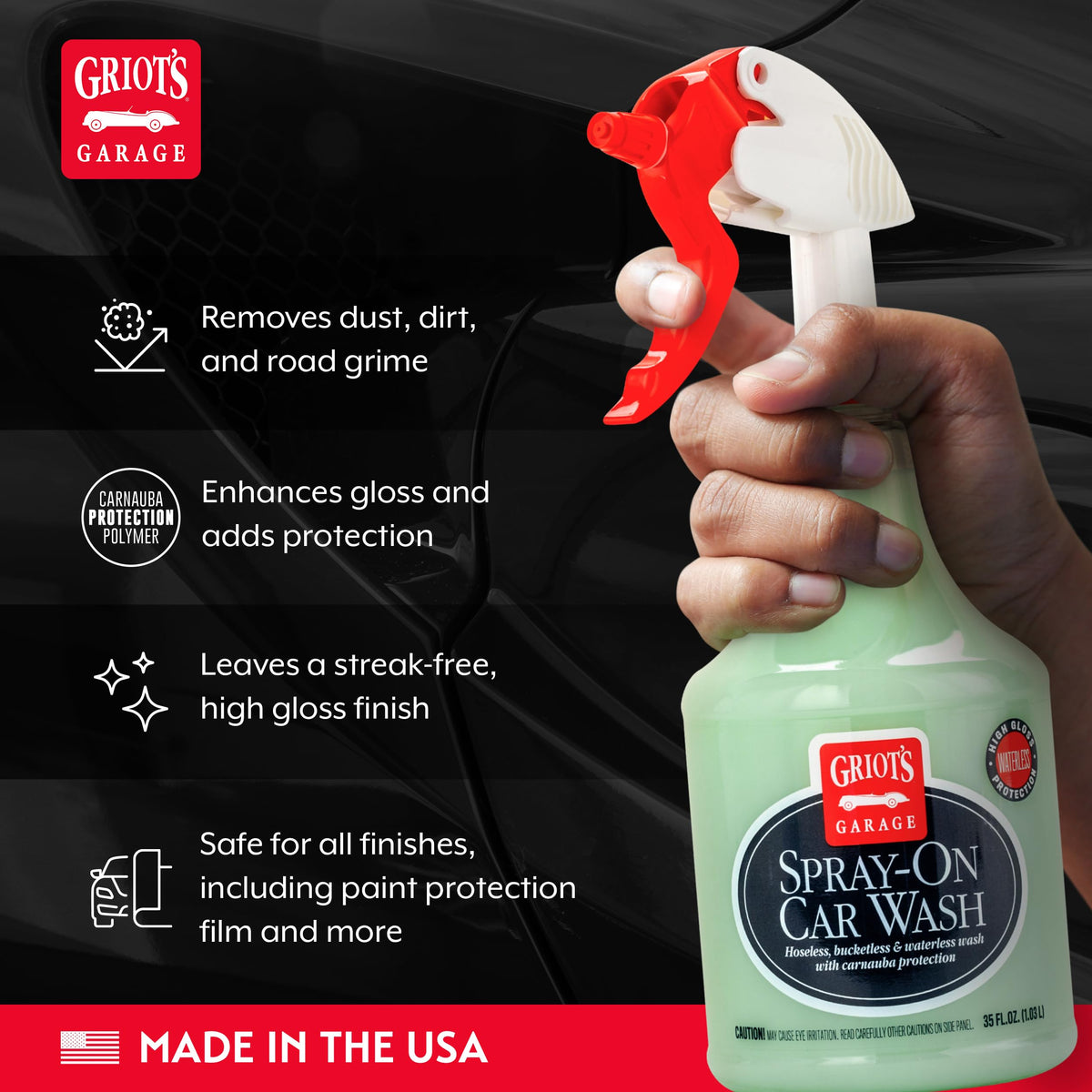 Griot's Garage mist on car hood showing gloss and safe cleaning action