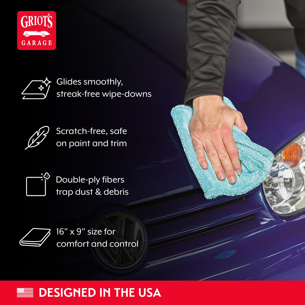 Griot's Garage towel held in hand to show 16x9 size and improved grip for control