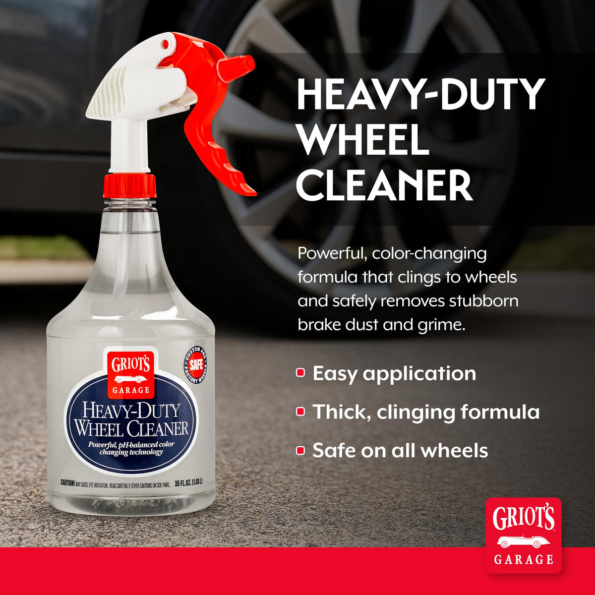 Griot's Garage bottle spraying cleaner onto wheel, showing coverage benefit