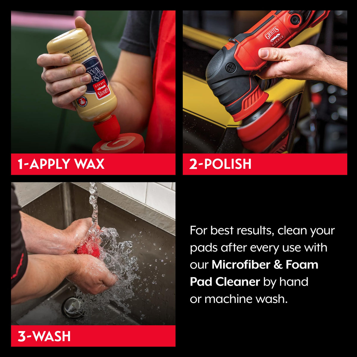 Griot's Garage hand using pad to apply wax on mirror and trim for accurate spot work