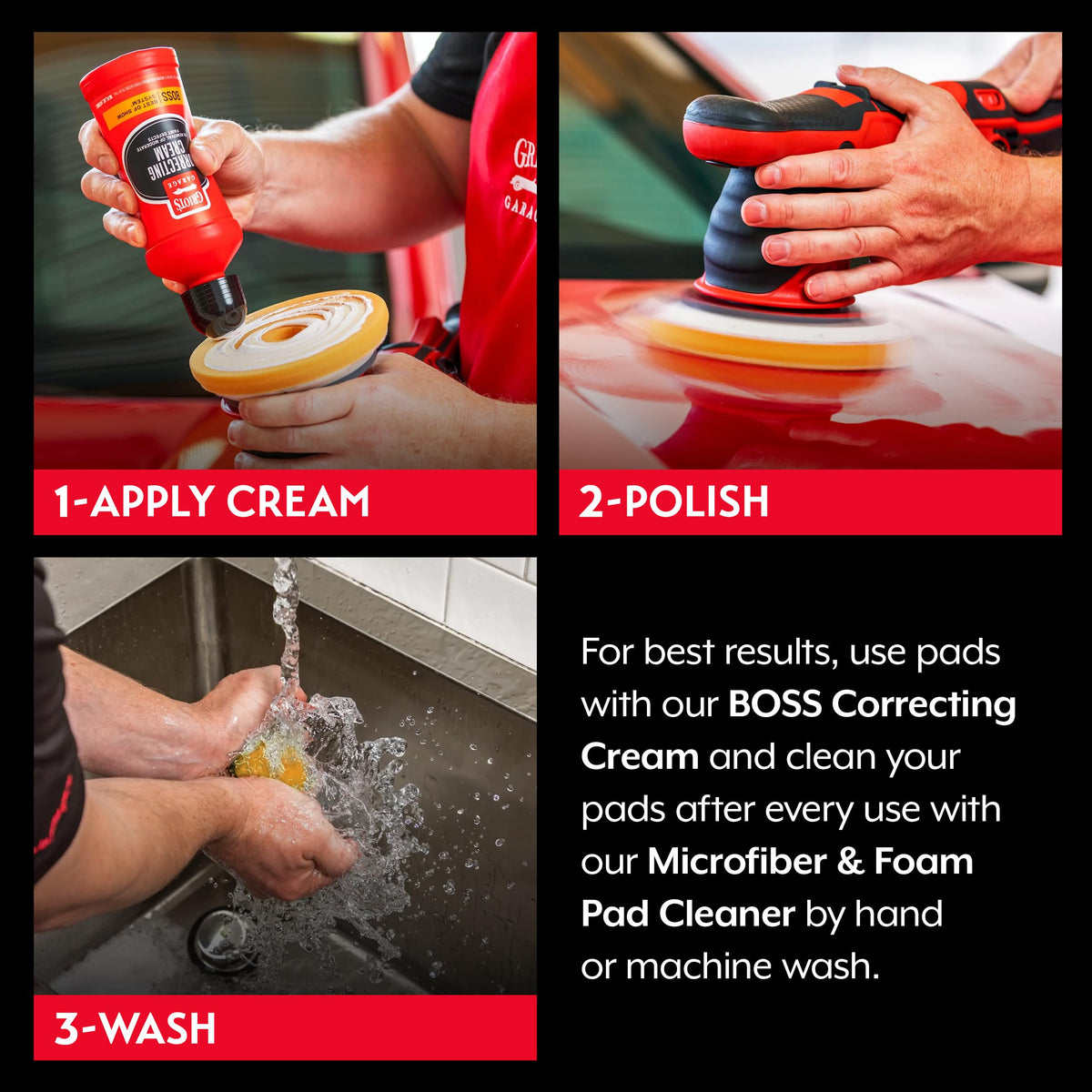 Griot's Garage pad attached to orbital polisher demonstrating smooth defect removal