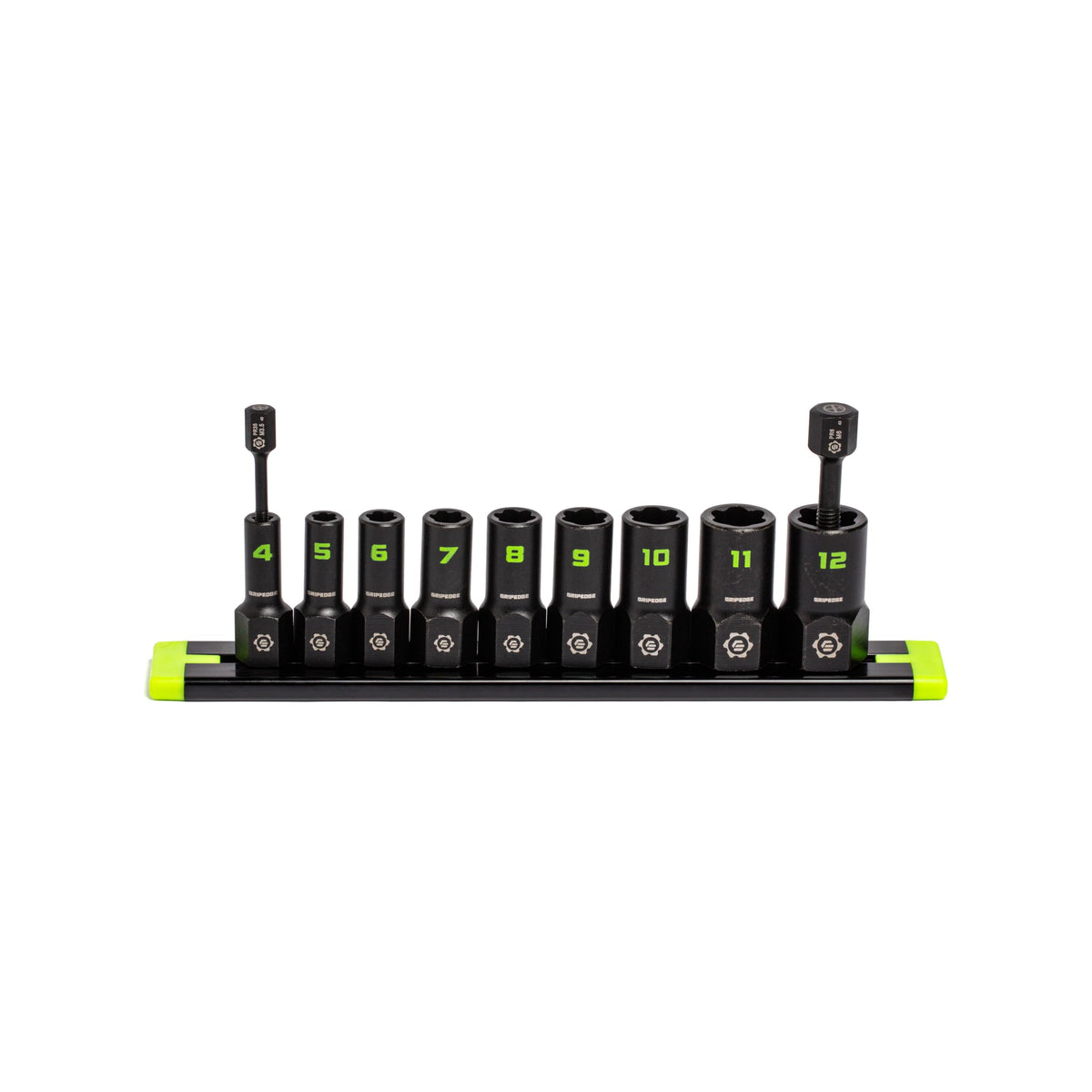 GRIPEDGE front packaging showing full 9-piece extractor set and rail, quick identification benefit
