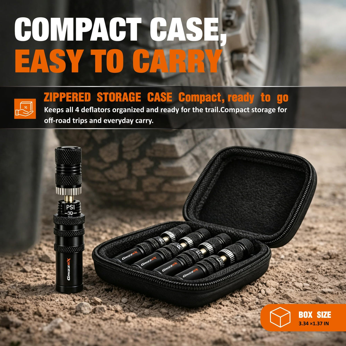 GRIZZEX next to ruler size comparison showing compact, pocketable off-road accessory