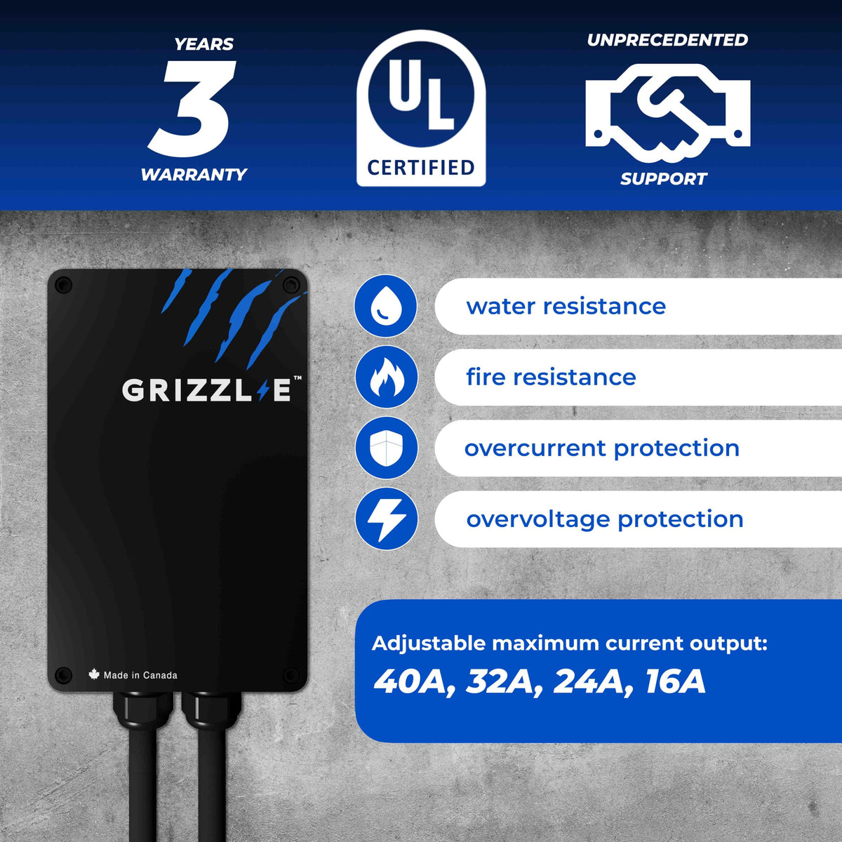 Grizzl-E Classic NEMA 14-50 plug close-up enabling easy installation