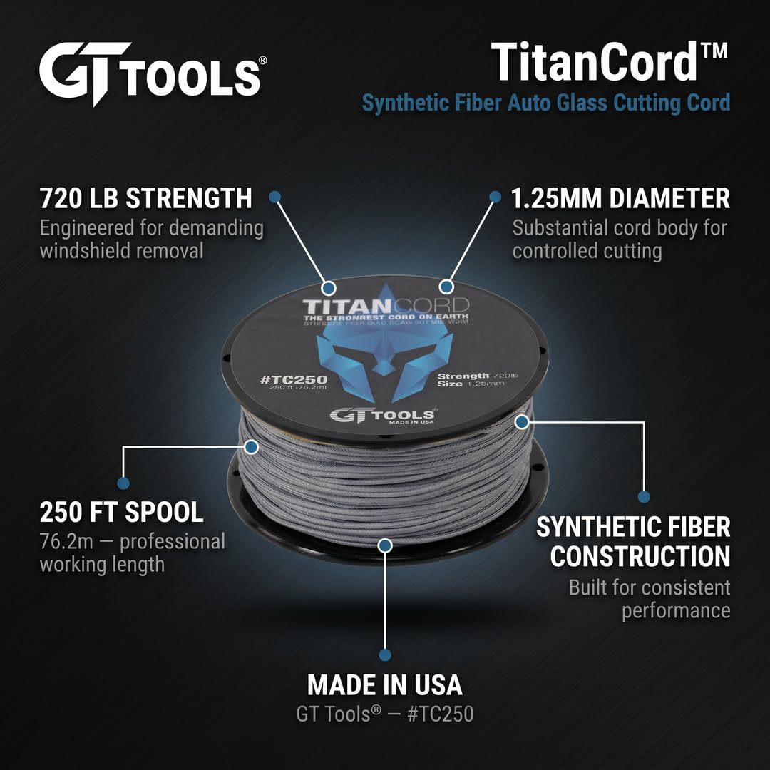GT Tools titan cord in use removing windshield to show faster, safer glass separation benefit