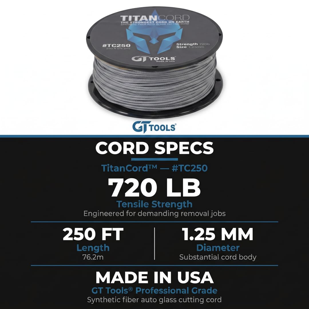 GT Tools titan cord label and specs highlighting tensile strength and slicing technology benefit