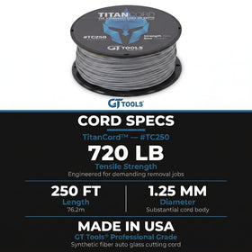 GT Tools titan cord label and specs highlighting tensile strength and slicing technology benefit