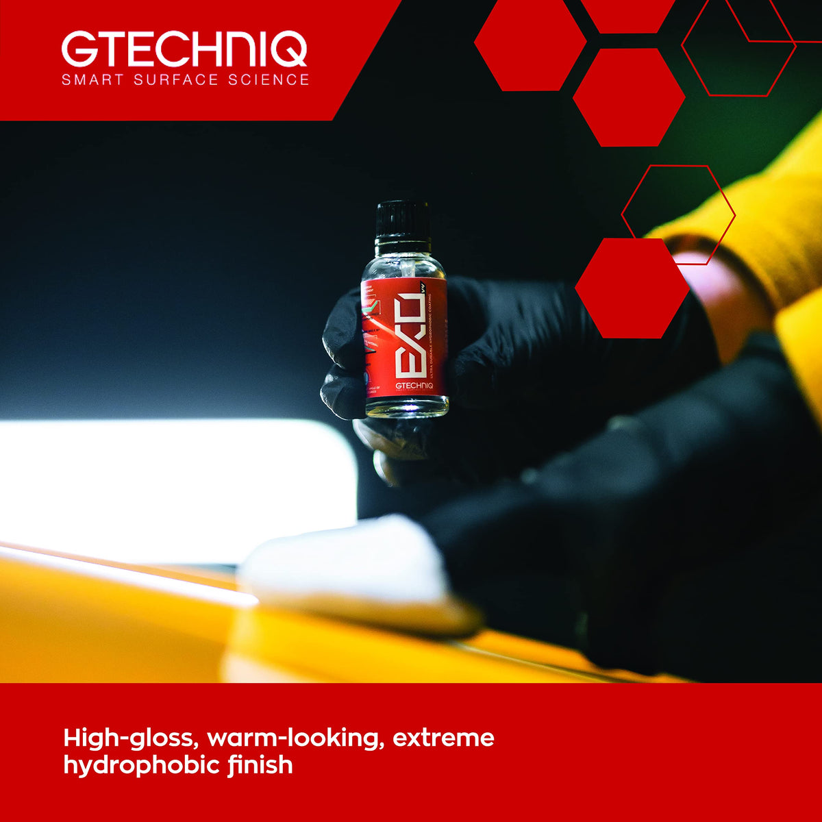 Gtechniq EXO Crystal water beading on car hood illustrating rapid runoff benefit
