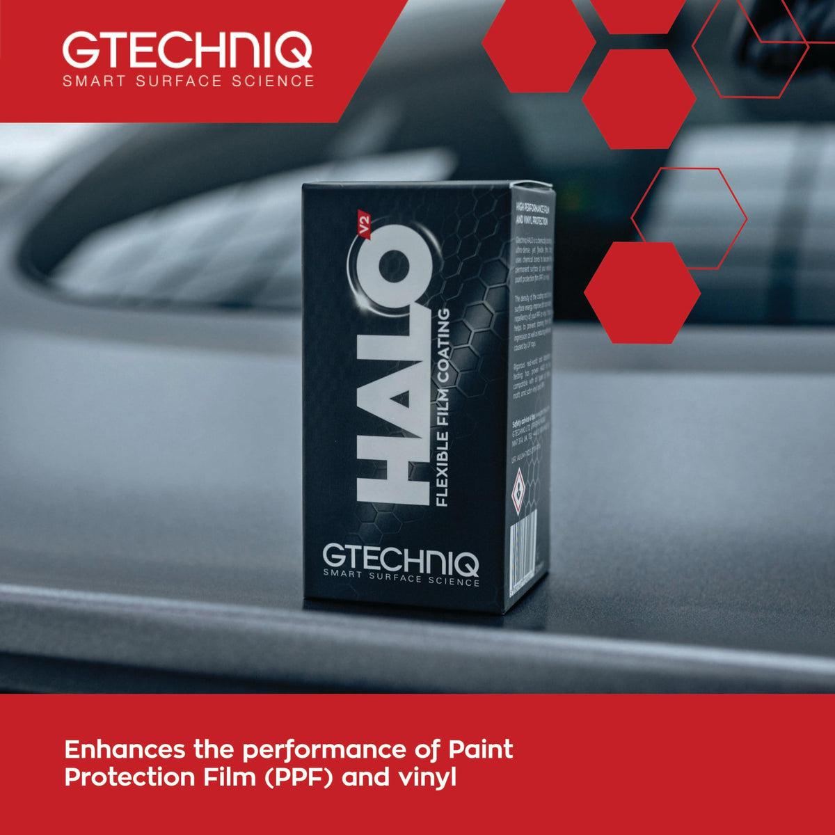Gtechniq Halo 1 fl oz beside a credit card to show compact travel-friendly size