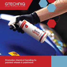 Gtechniq panel wipe being applied with microfiber cloth to prepare paint for coating
