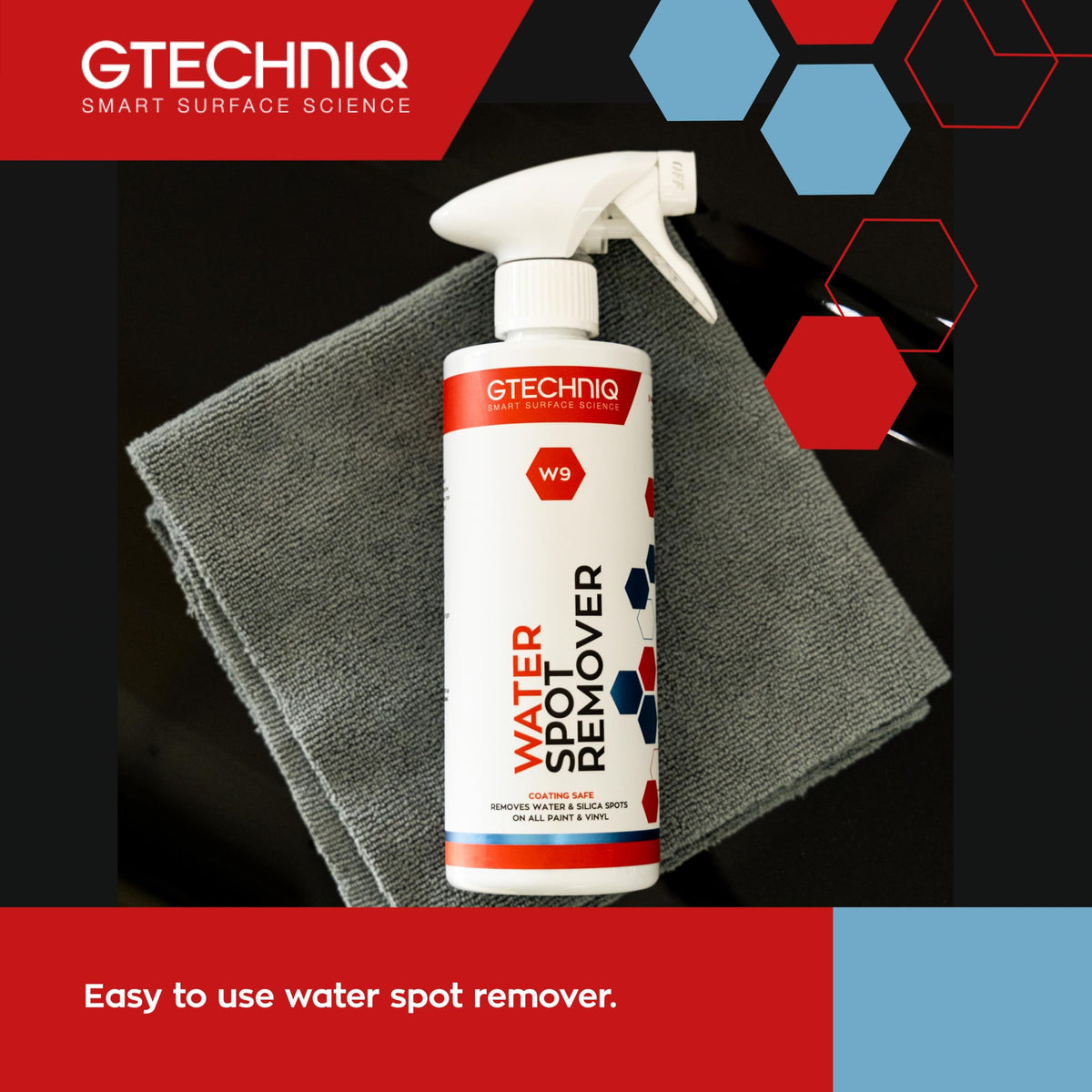 Gtechniq W9 before-and-after car panel showing removed water spots