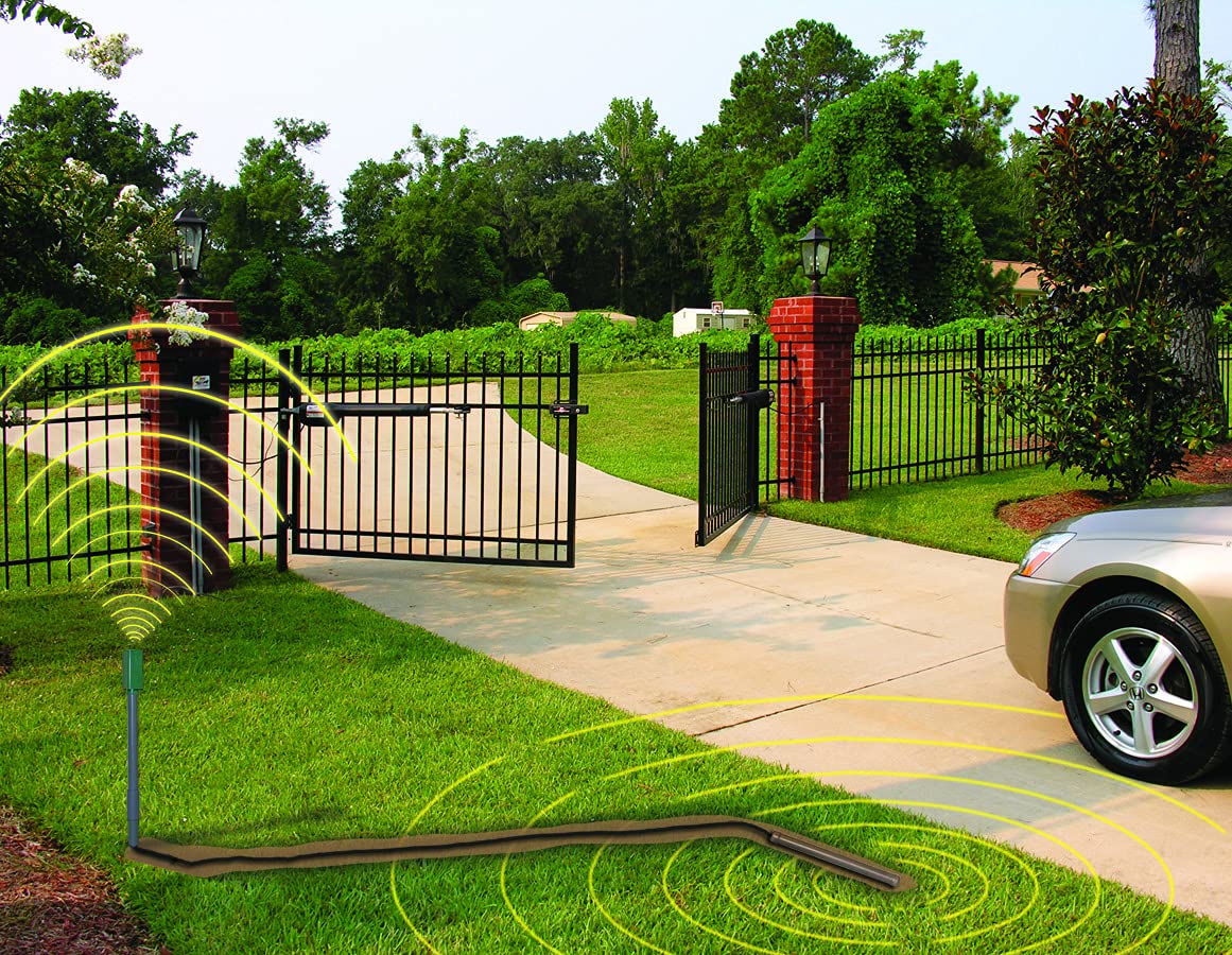 GTO Mighty Mule FM130 mounted on driveway post demonstrating hands-free exit convenience