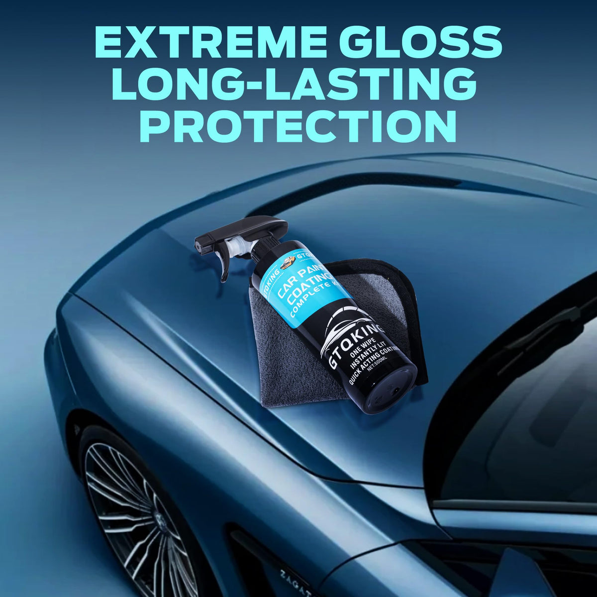 GTQKING bottle beside car tire showing product scale and convenient portability