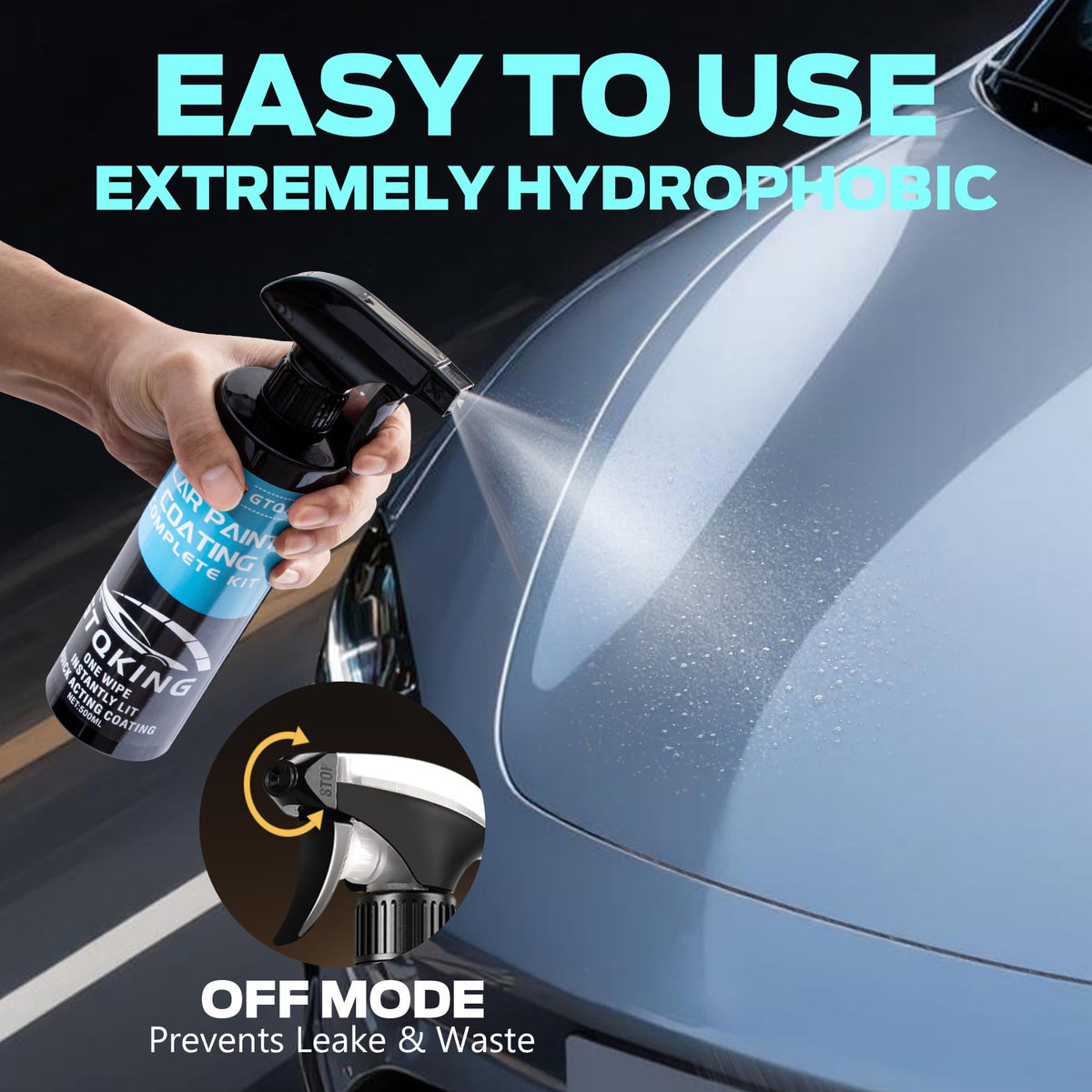 GTQKING water beading on car hood illustrating hydrophobic protection and cleaner surface