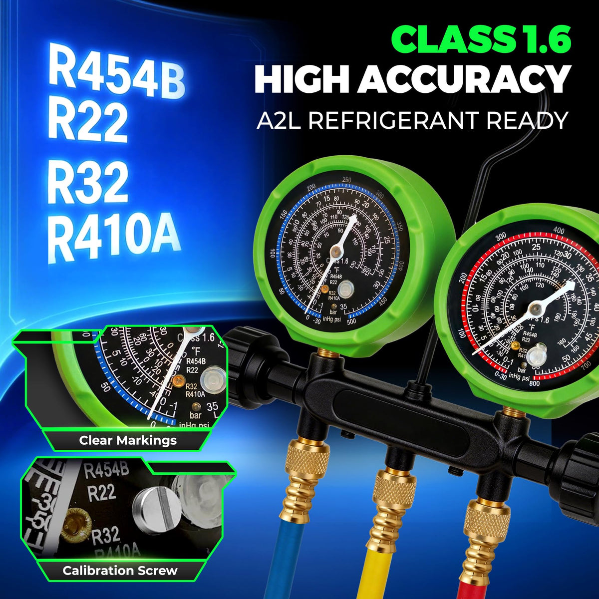 GuardFlow gauge closeup dial displaying dual PSI and °F scales for precise readings