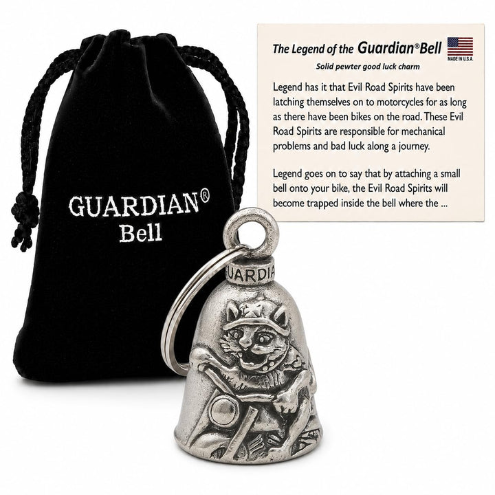 Guardian Bell cat front view showing pewter detail and decorative benefit