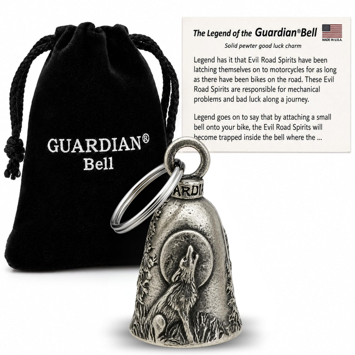 Guardian Bell front view showing wolf motif and durable finish, ideal for gifting