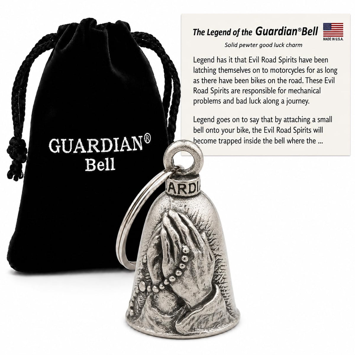 Guardian Bell praying hands front view shows clear motif and durable craftsmanship