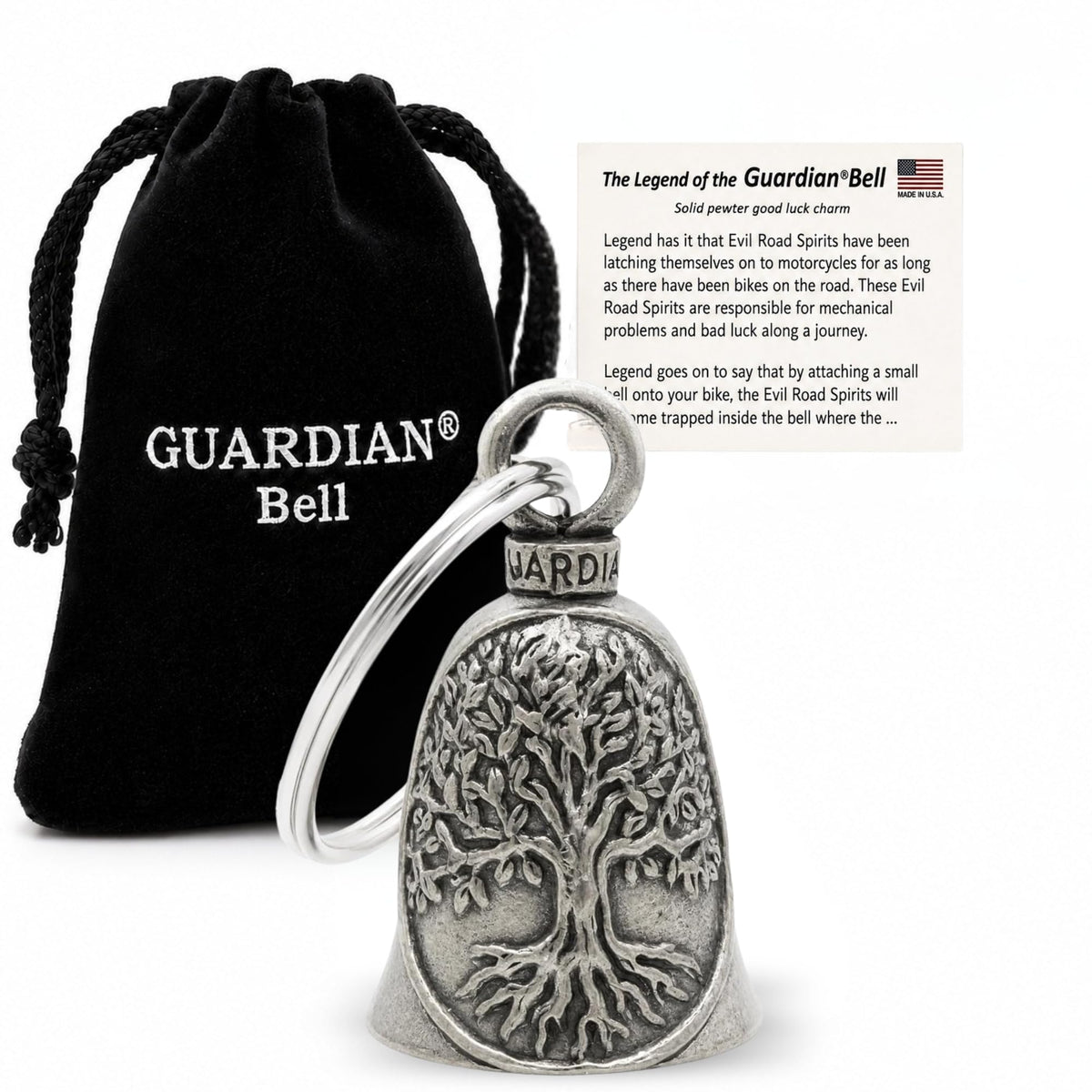 Guardian Bell front view showing Tree of Life detail and durable pewter finish