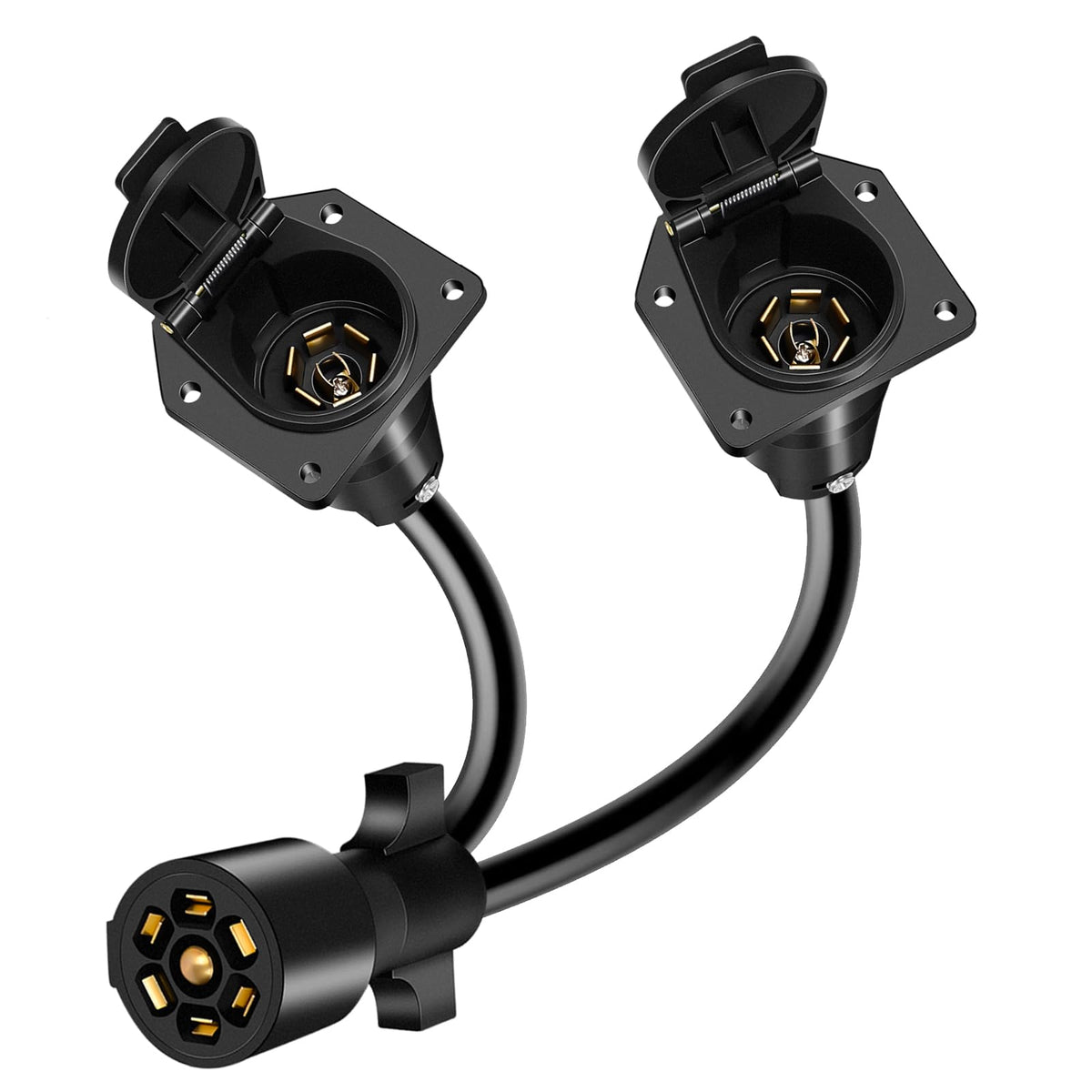 Gubrdfrsod front view of 7-way Y splitter showing dual female sockets and male plug for flexible towing