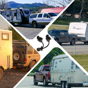 Gubrdfrsod connected to truck outlet in use demonstrating secure split for towing two trailers