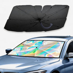 Gumnay front view of folded windshield shade showing brand and compact benefit