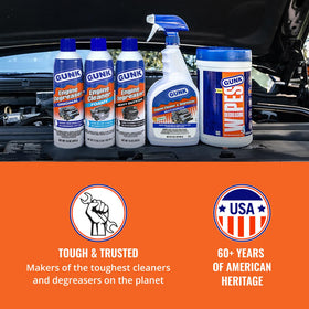 Gunk applied to a tractor engine highlighting heavy-equipment cleaning