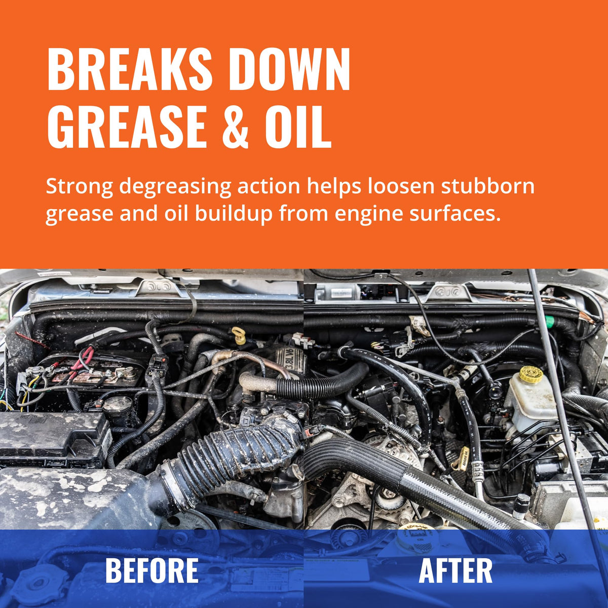 Gunk before-and-after engine bay comparison showing visible cleaning benefit