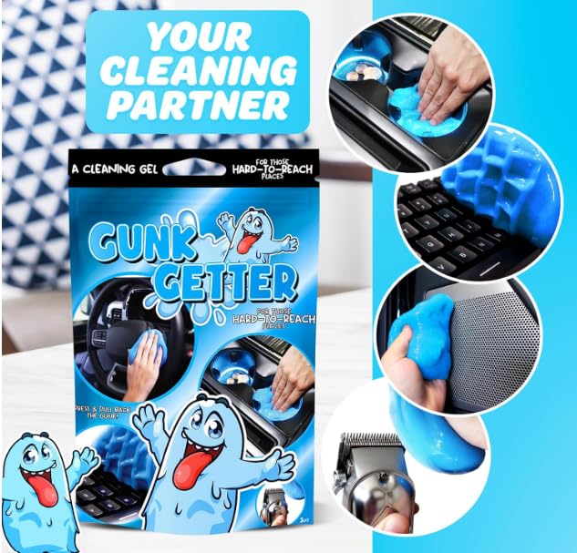 Gunk Getter removing dust from car console crevice restoring clean interior surfaces