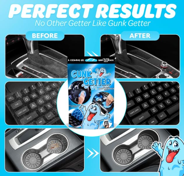 Gunk Getter cleaning gel pressed into car cup holder removing crumbs effectively
