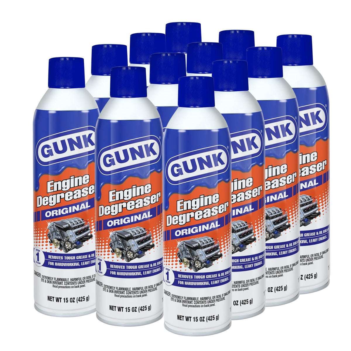Gunk front label on 15 oz aerosol showing product name and purpose