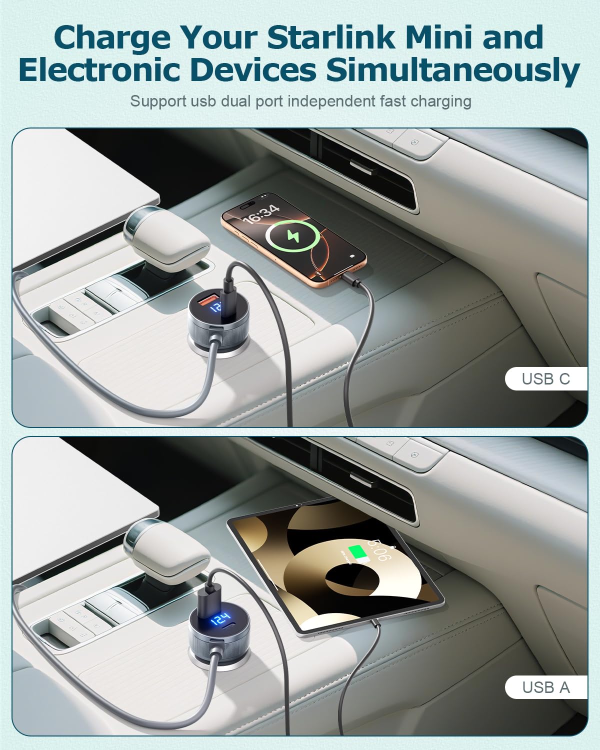 Gunovy adapter plugged into car lighter powering Starlink Mini benefit on-the-road connectivity
