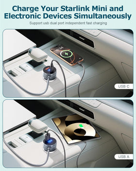 Gunovy adapter plugged into car lighter powering Starlink Mini benefit on-the-road connectivity