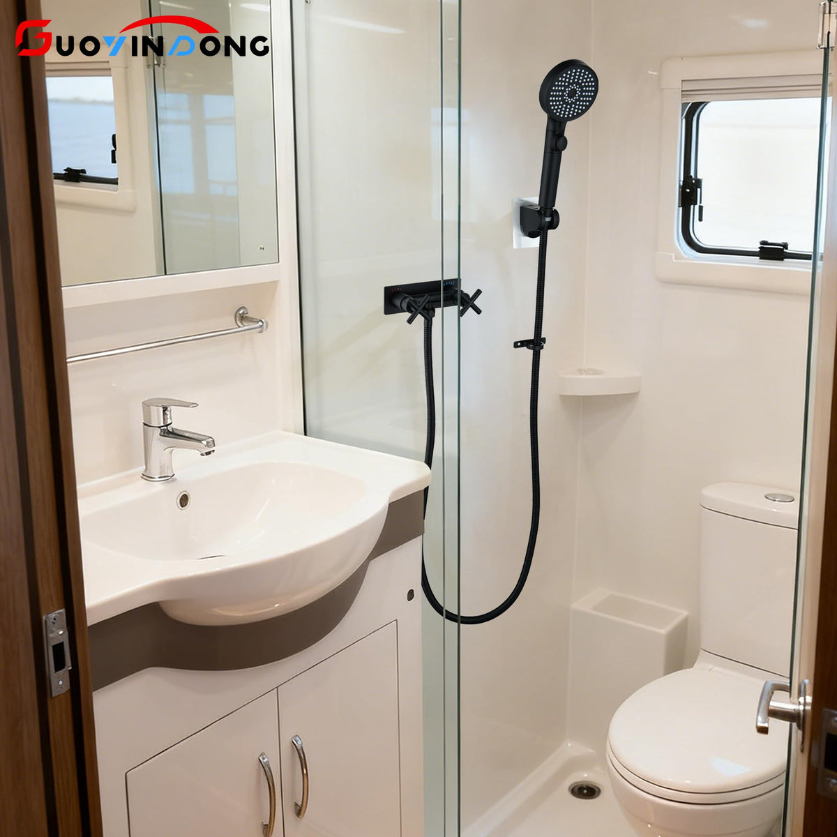 GUOYINDONG 4-inch faucet hole spacing detail demonstrating easy RV replacement fit