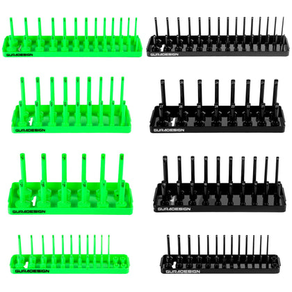 GURADESIGN front view of socket organizer kit showing all eight trays and benefits