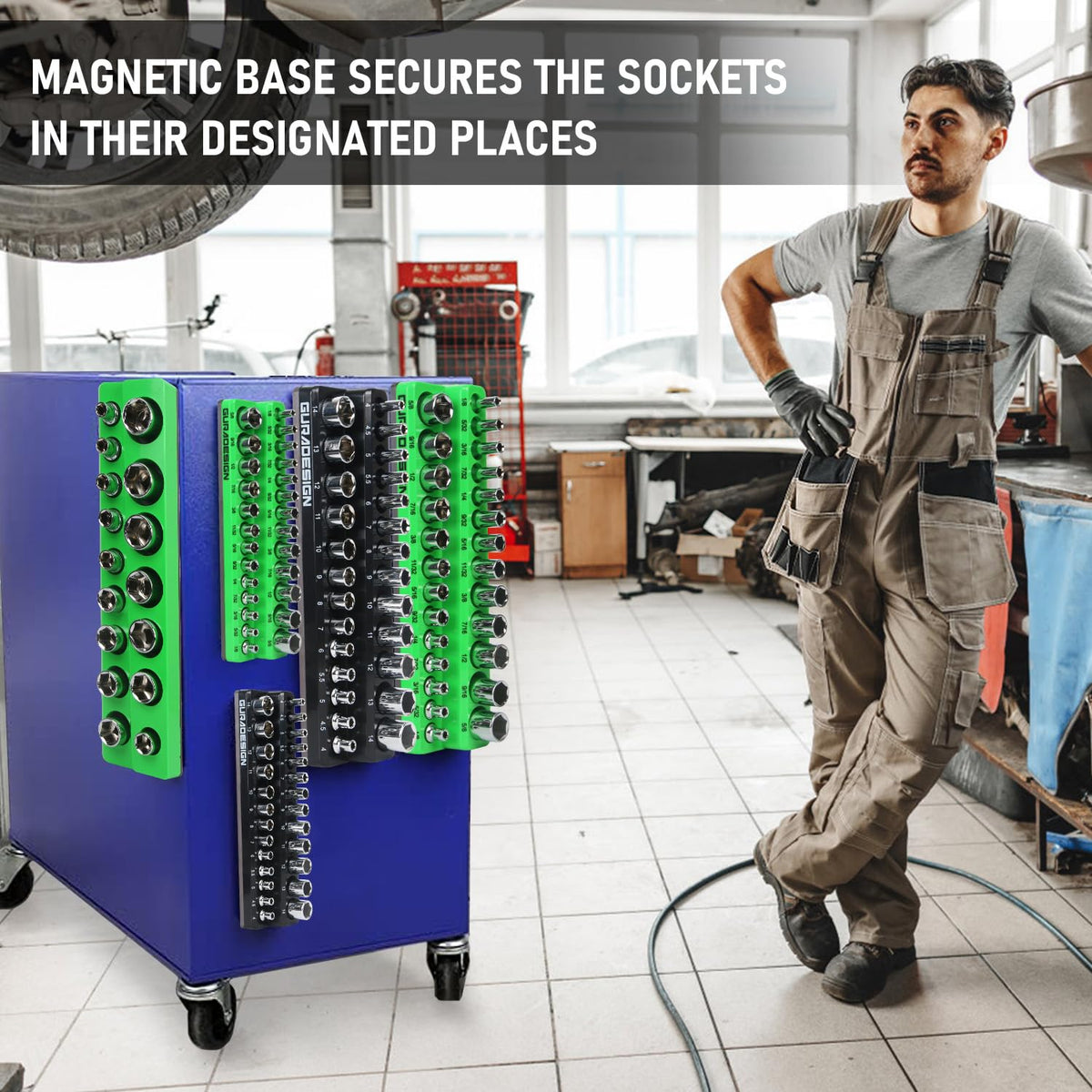 GURADESIGN socket organizers staged on a garage workbench for efficient workflow