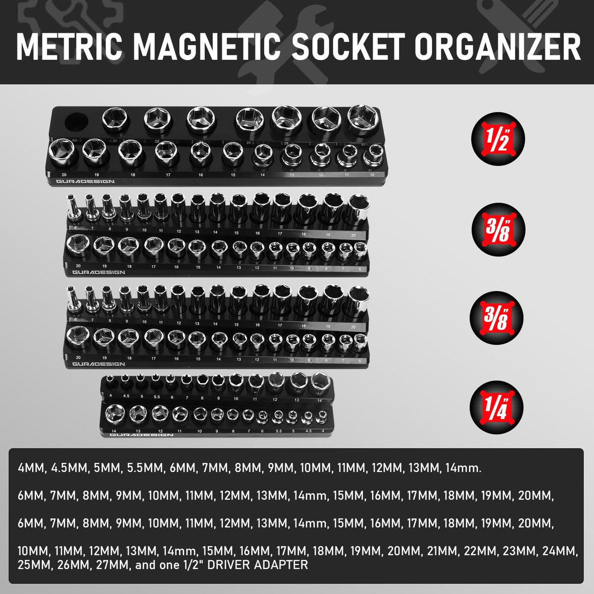 GURADESIGN socket trays filled with shallow and deep sockets neatly organized