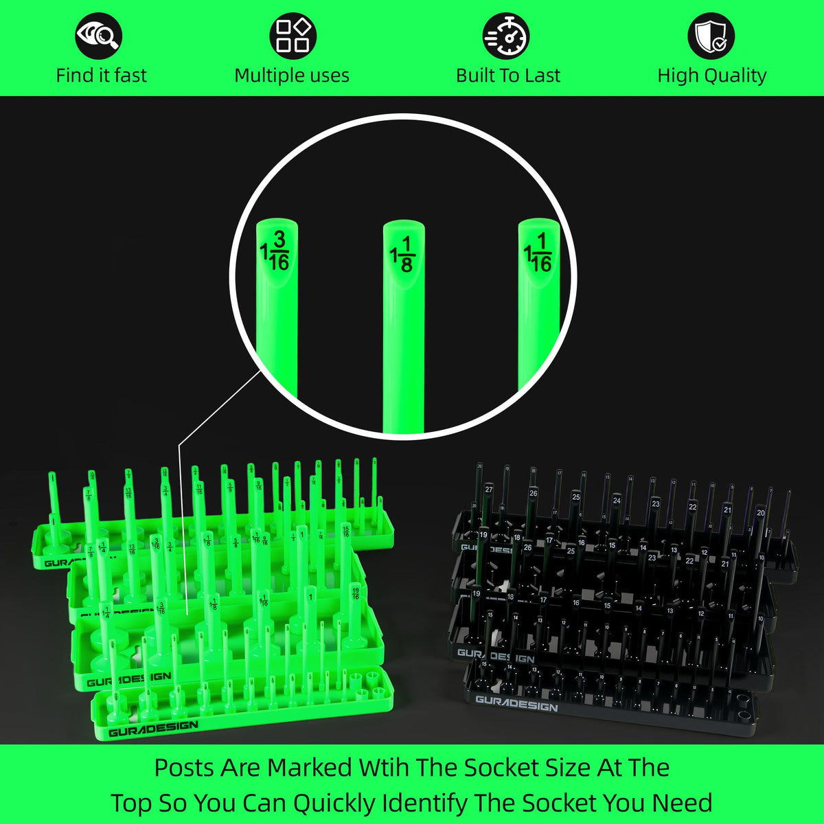 GURADESIGN tray showing 1/4", 3/8", 1/2" drive positions for organized storage benefit